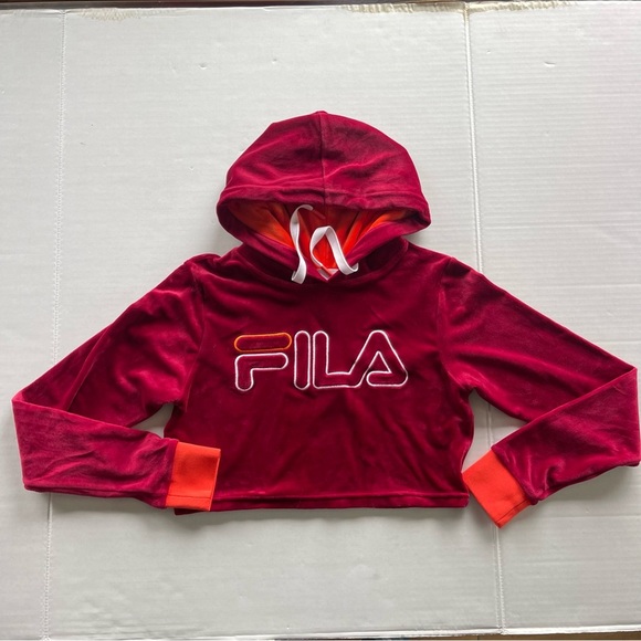 Fila Women's Antonella Crop Velour Hoodie (Tibetan Red/Cherry Tomato, Small) - Picture 3 of 9